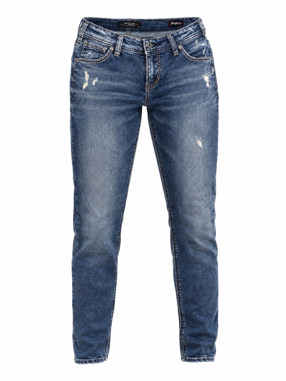 Silver Jeans Straight Leg Distressed Denim in Medium Blue